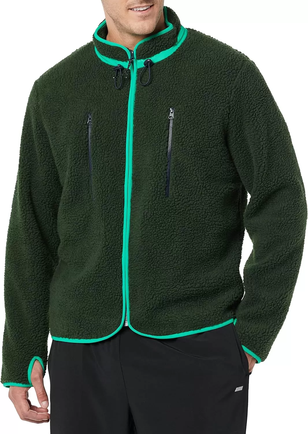 imageAmazon Essentials Mens Teddy Fleece FullZip Mock Neck Jacket with Chest PocketsDark Green