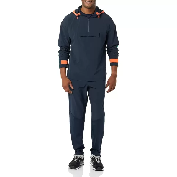 imageAmazon Essentials Mens Stretch Woven Quarter Zip Hooded Colorblock JacketDark NavyGreen