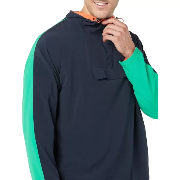 imageAmazon Essentials Mens Stretch Woven Quarter Zip Hooded Colorblock JacketDark NavyGreen