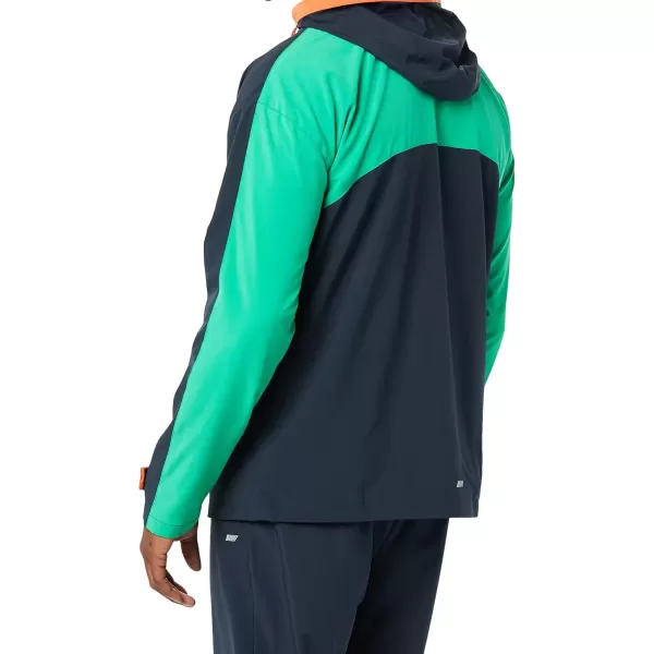 imageAmazon Essentials Mens Stretch Woven Quarter Zip Hooded Colorblock JacketDark NavyGreen