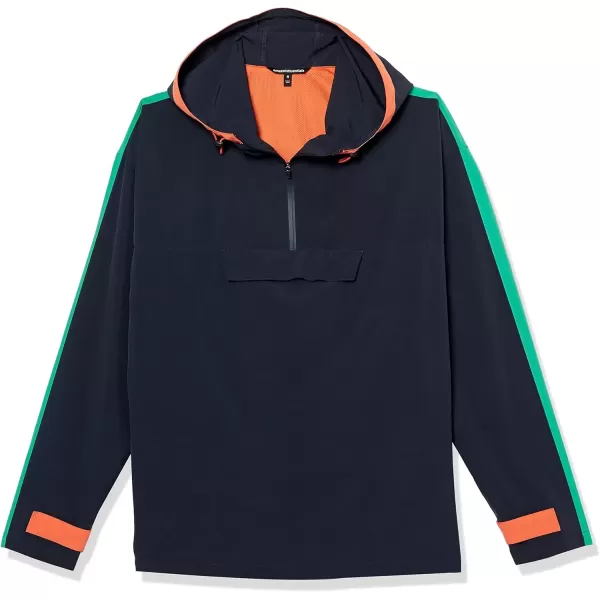 imageAmazon Essentials Mens Stretch Woven Quarter Zip Hooded Colorblock JacketDark NavyGreen