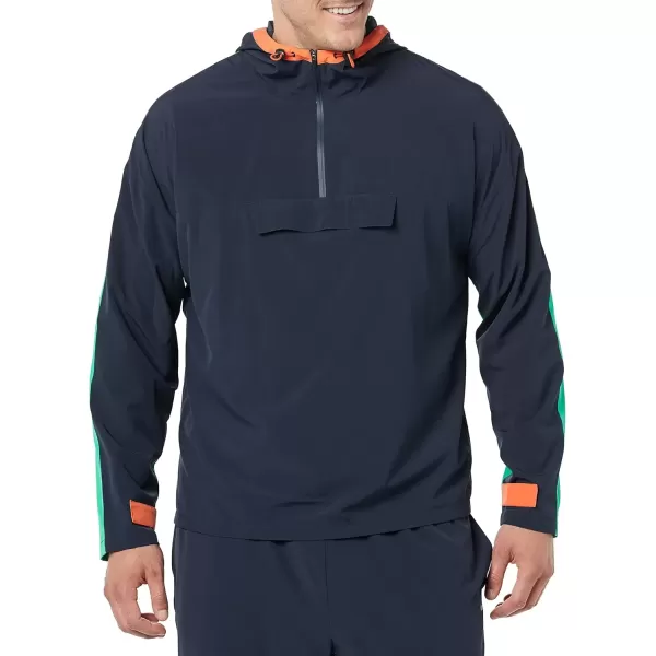 imageAmazon Essentials Mens Stretch Woven Quarter Zip Hooded Colorblock JacketDark NavyGreen