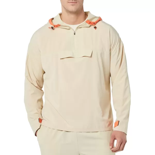 imageAmazon Essentials Mens Stretch Woven Quarter Zip Hooded Colorblock JacketStone
