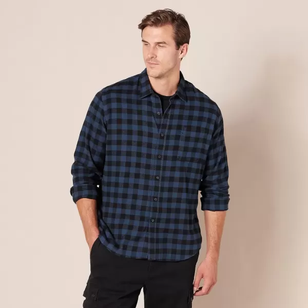 imageAmazon Essentials Mens Flannel Shirts Long Sleeve SlimFit Button Down PlaidBlack Blue Buffalo Plaid