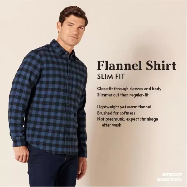 imageAmazon Essentials Mens Flannel Shirts Long Sleeve SlimFit Button Down PlaidBlack Blue Buffalo Plaid