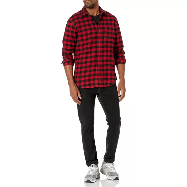 imageAmazon Essentials Mens Flannel Shirts Long Sleeve SlimFit Button Down PlaidBlack Red Buffalo Plaid