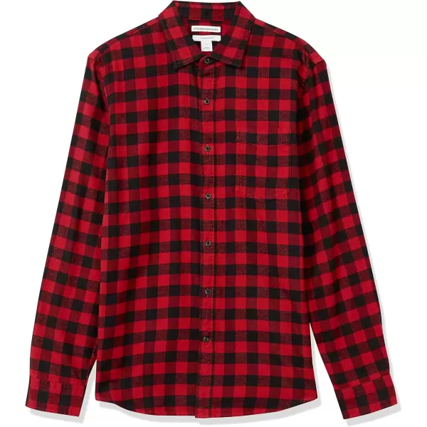 imageAmazon Essentials Mens Flannel Shirts Long Sleeve SlimFit Button Down PlaidBlack Red Buffalo Plaid