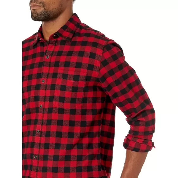 imageAmazon Essentials Mens Flannel Shirts Long Sleeve SlimFit Button Down PlaidBlack Red Buffalo Plaid