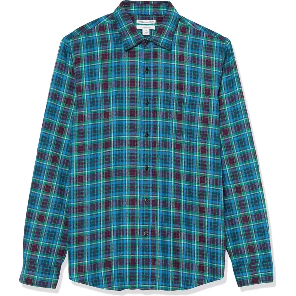 imageAmazon Essentials Mens Flannel Shirts Long Sleeve SlimFit Button Down PlaidBlack Teal Blue Plaid