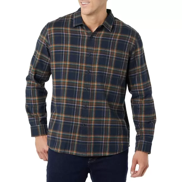 imageAmazon Essentials Mens Flannel Shirts Long Sleeve SlimFit Button Down PlaidBrown Dark Navy Plaid