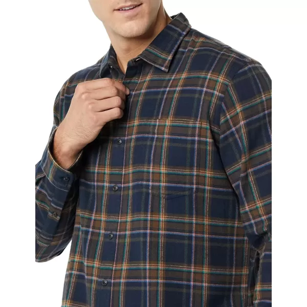 imageAmazon Essentials Mens Flannel Shirts Long Sleeve SlimFit Button Down PlaidBrown Dark Navy Plaid