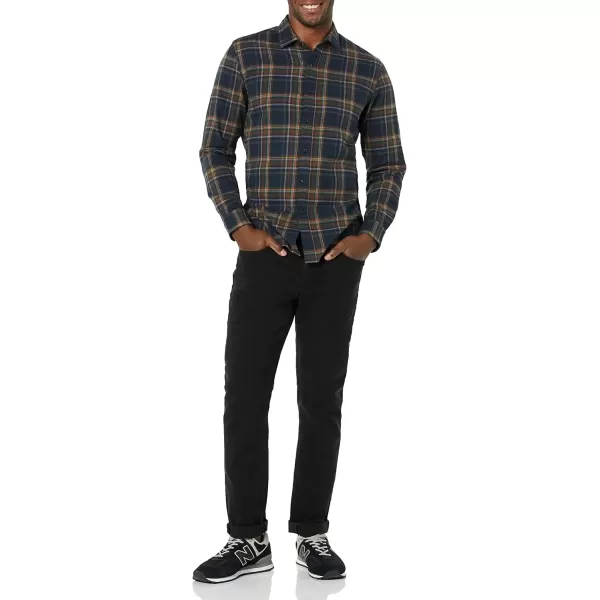 imageAmazon Essentials Mens Flannel Shirts Long Sleeve SlimFit Button Down PlaidBrown Dark Navy Plaid