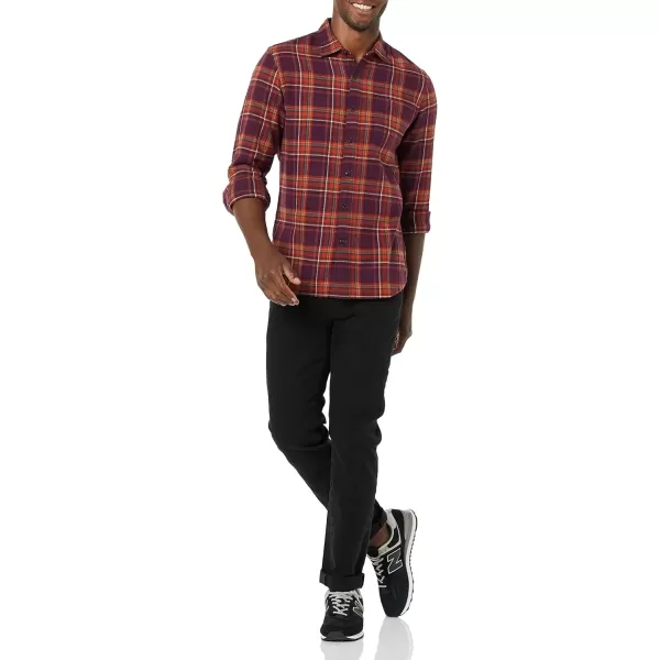 imageAmazon Essentials Mens Flannel Shirts Long Sleeve SlimFit Button Down PlaidBurgundy Orange Plaid