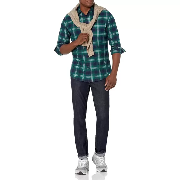 imageAmazon Essentials Mens Flannel Shirts Long Sleeve SlimFit Button Down PlaidGreen Navy Plaid