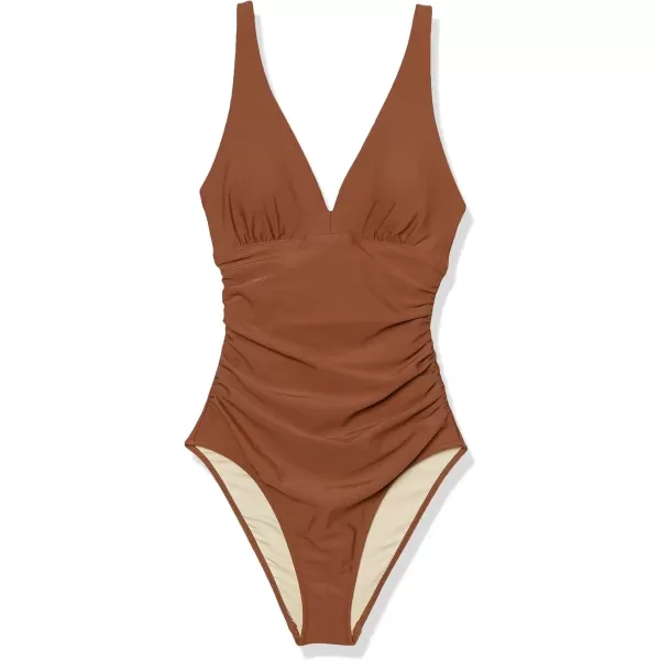 imageAmazon Essentials Womens Plunge Tummy Control Shaping SwimsuitBrown