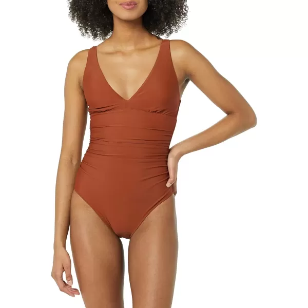 imageAmazon Essentials Womens Plunge Tummy Control Shaping SwimsuitBrown