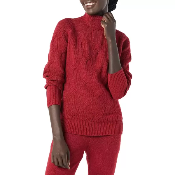 imageAmazon Essentials Womens Winter Sweater Soft Touch Funnel Neck Cable KnitDark Red