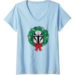 imageAmazon Essentials The Mandalorian Helmet Holiday Christmas Wreath VNeck TShirtBaby Blue