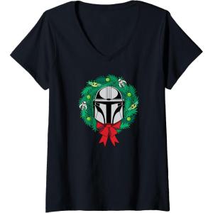 imageAmazon Essentials The Mandalorian Helmet Holiday Christmas Wreath VNeck TShirtBlack