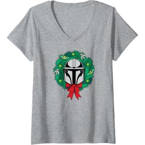 imageAmazon Essentials The Mandalorian Helmet Holiday Christmas Wreath VNeck TShirtHeather Grey