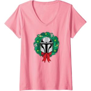 imageAmazon Essentials The Mandalorian Helmet Holiday Christmas Wreath VNeck TShirtPink