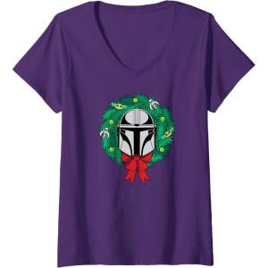 imageAmazon Essentials The Mandalorian Helmet Holiday Christmas Wreath VNeck TShirtPurple