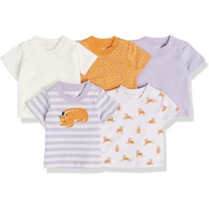 imageAmazon Essentials Unisex Babies ShortSleeve Tee Pack of 5Gold DotsIvoryLilacStripeTiger Print