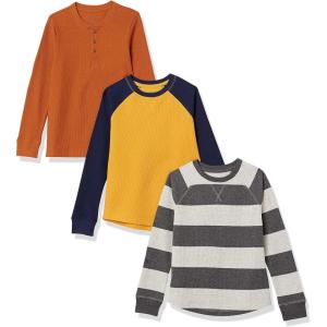 imageAmazon Essentials Boys and Toddlers LongSleeve Knit Thermal TShirt Pack of 3Grey Rugby StripeMustard YellowRust