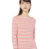 imageAmazon Essentials Womens SlimFit 34 Sleeve Boat Neck TShirtCoral Orange Offwhite Stripe