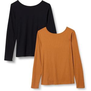 imageAmazon Essentials Womens Scoop Back Long Sleeve SlimFit RibKnit TShirt Pack of 2BlackCaramel