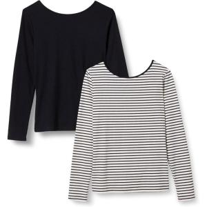 imageAmazon Essentials Womens Scoop Back Long Sleeve SlimFit RibKnit TShirt Pack of 2BlackFrench Stripe