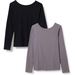 imageAmazon Essentials Womens Scoop Back Long Sleeve SlimFit RibKnit TShirt Pack of 2GreyBlack