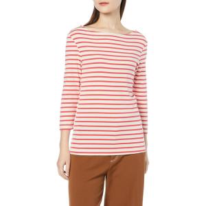 imageAmazon Essentials Womens SlimFit 34 Sleeve Boat Neck TShirtCoral Orange Offwhite Stripe