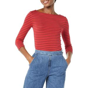 imageAmazon Essentials Womens SlimFit 34 Sleeve Boat Neck TShirtRed Burgundy Stripe
