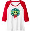 imageAmazon Essentials The Mandalorian Grogu Holiday Christmas Wreath Raglan Baseball TeeRedWhite