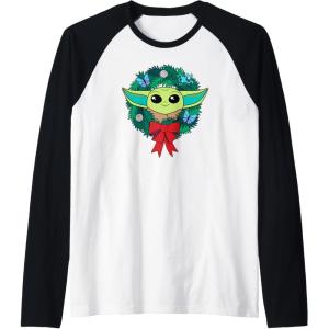 imageAmazon Essentials The Mandalorian Grogu Holiday Christmas Wreath Raglan Baseball TeeBlackWhite