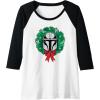 imageAmazon Essentials The Mandalorian Helmet Holiday Christmas Wreath Raglan Baseball TeeBlackWhite