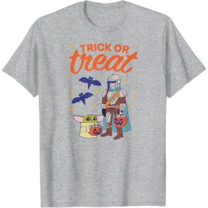 imageAmazon Essentials Mens The Mandalorian Grogu Halloween Trick or Treat TShirt Black Graphic Print SmallHeather Grey