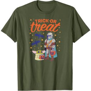 imageAmazon Essentials Mens The Mandalorian Grogu Halloween Trick or Treat TShirt Black Graphic Print SmallOlive Green