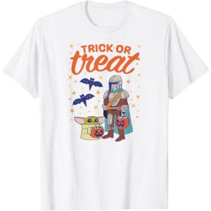 imageAmazon Essentials Mens The Mandalorian Grogu Halloween Trick or Treat TShirt Black Graphic Print SmallWhite