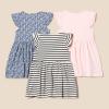 imageAmazon Essentials Girls and Toddlers Ruffle Jersey Dress Pack of 3Pale PinkFrench StripeFloral