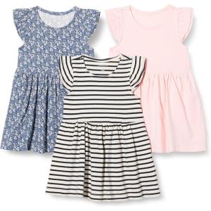 imageAmazon Essentials Girls and Toddlers Ruffle Jersey Dress Pack of 3Pale PinkFrench StripeFloral