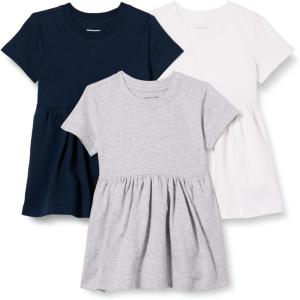 imageAmazon Essentials Girls and Toddlers Short Sleeve Jersey Dress Pack of 3Light Grey HeatherNavyWhite