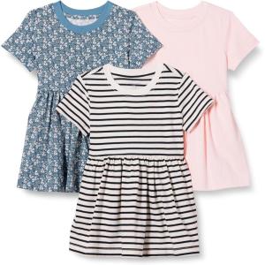 imageAmazon Essentials Girls and Toddlers Short Sleeve Jersey Dress Pack of 3Pale PinkFrench StripeFloral