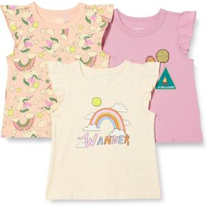 imageAmazon Essentials Girls and Toddlers Sleeveless Ruffle TShirt Pack of 3BadgesUnicornWander
