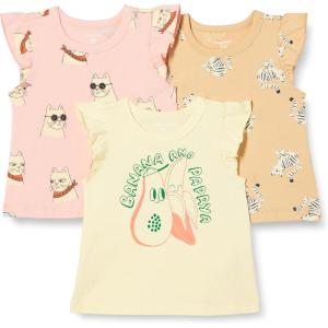 imageAmazon Essentials Girls and Toddlers Sleeveless Ruffle TShirt Pack of 3Cool CatTigerTropical Fruit