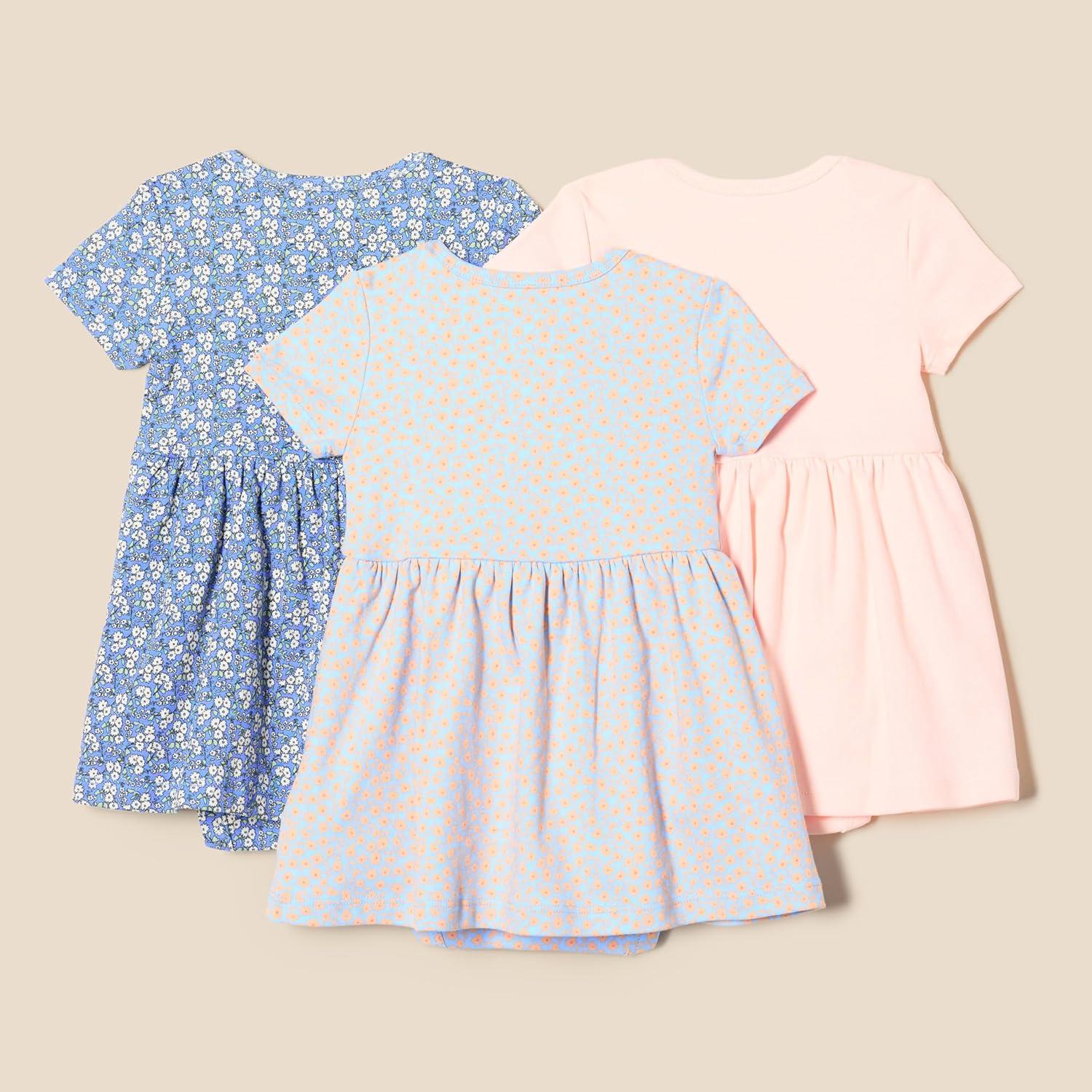 imageAmazon Essentials Baby Girls Short Sleeve Bodysuit Dress Pack of 3Pale PinkBlue Posey Floral