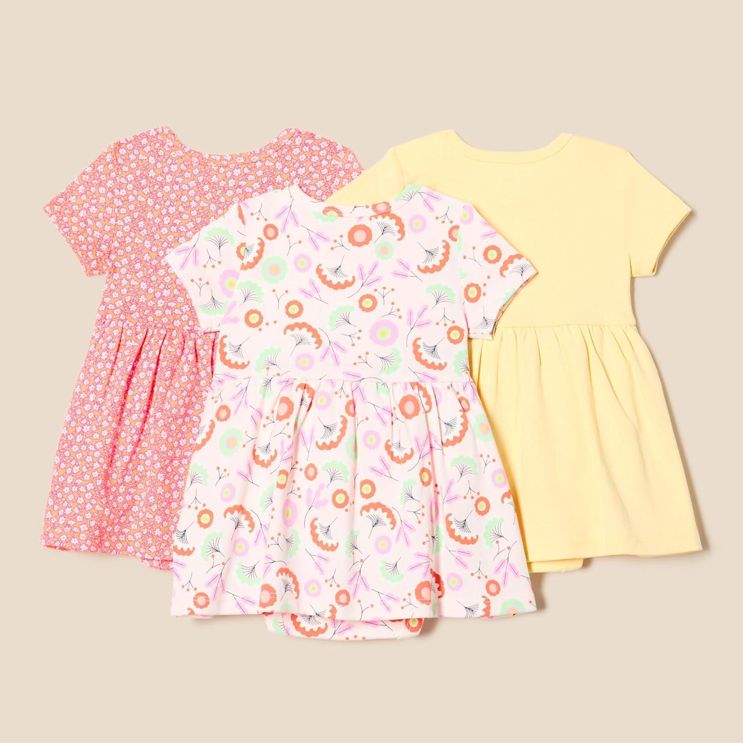 imageAmazon Essentials Baby Girls Short Sleeve Bodysuit Dress Pack of 3Pale YellowFloral