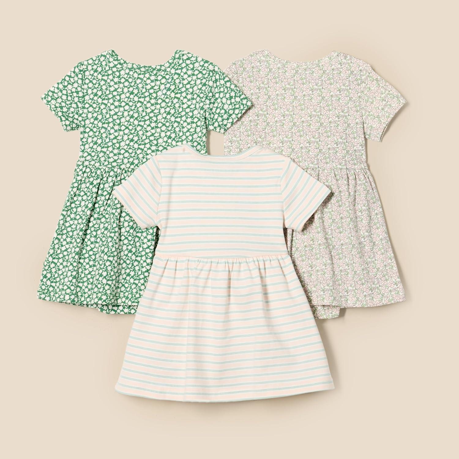 imageAmazon Essentials Baby Girls Short Sleeve Bodysuit Dress Pack of 3Sage Green Ditsy FloralStripe