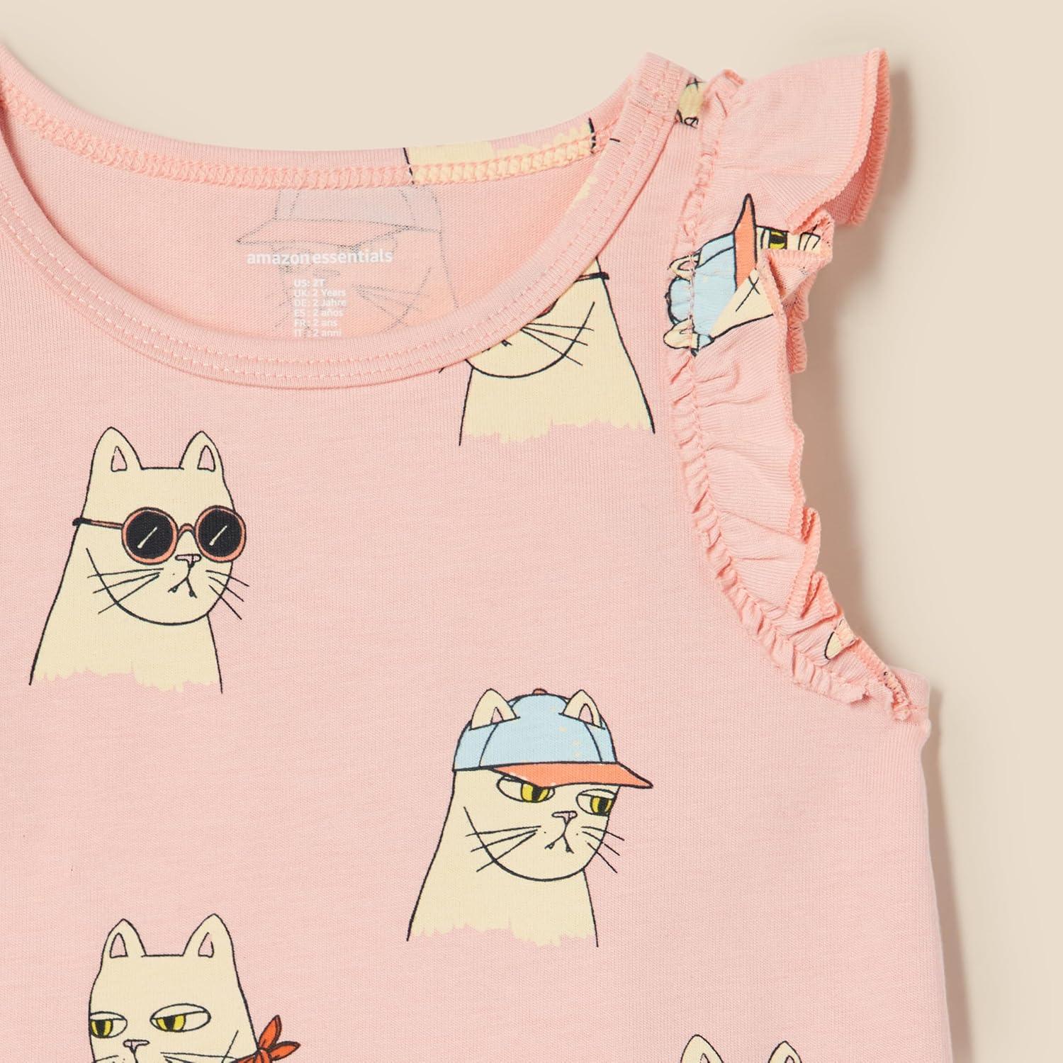 imageAmazon Essentials Girls and Toddlers Ruffle Tank Tops Pack of 3Cool CatTigerTropical Fruit